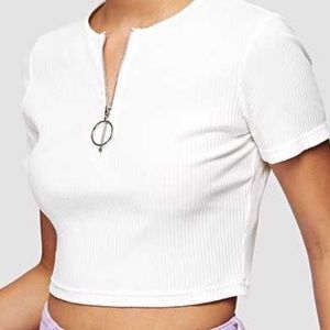All white o-ring zip up crop top